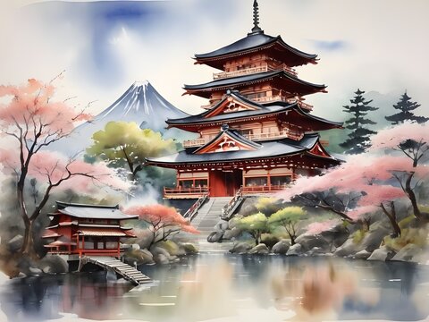 A beautiful watercolor painting of a Japanese temple.	