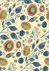 Antique surface floral seamless allover Pattern design, multicolor flowers with multicolor watercolor background texture.