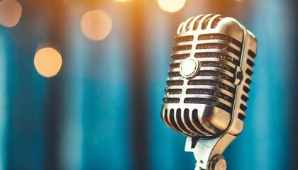 microphone with blurred background on blue wall vintage microphone on stage with lamp lighting in uhd image style bokeh panorama