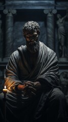 Obraz premium Mysterious ancient greek, roman male stoic statue, sculpture in dramatic lighting, shadows highlighting the impressive muscular build and classical beauty. 