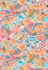 Antique surface floral seamless allover Pattern design, multicolor flowers with multicolor watercolor background texture.