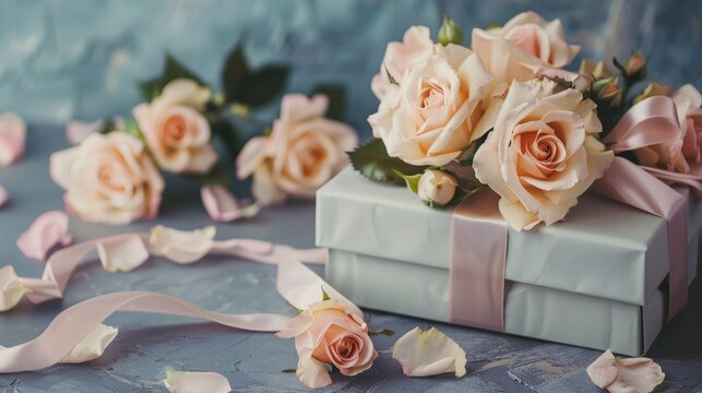 Elegant present gift box with satin ribbon and pastel color fresh roses on table. Greeting card for celebration, birthday, women, mothers, Valentines day