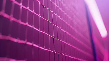A detailed shot of a badminton net and court, against a refined magenta backdrop, highlighting the precision of the game in