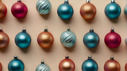 Creative colorful Christmas baubles decoration pattern on pastel cream background. Minimal...
