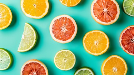 Fresh citrus fruit slices arranged on turquoise background, top view photo
