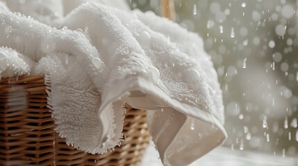 Fluffy towels cascade from an overflowing laundry basket, their gentle folds embracing the aroma of fresh rain on a lazy afternoon