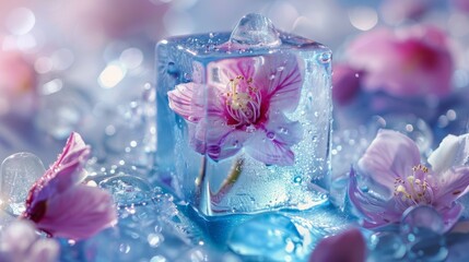 Frozen flower in ice cube. Close-up illustration