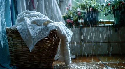 Fluffy towels cascade from an overflowing laundry basket, their gentle folds embracing the aroma of fresh rain on a lazy afternoon