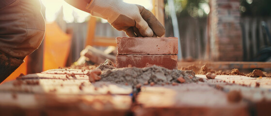 Mason's hands laying a brick, crafting the foundations of a future home. - obrazy, fototapety, plakaty