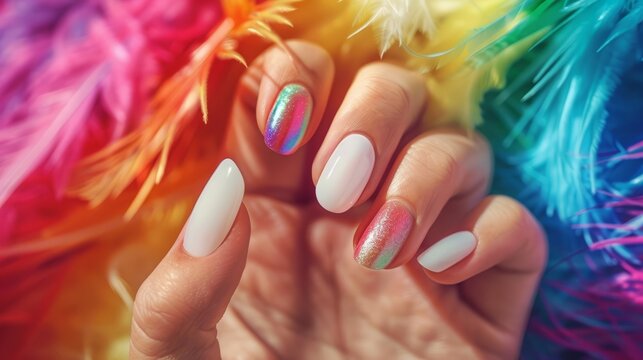 Glamour woman hand with luxury white color nail polish manicure on fingers, touching rainbow feathers, close up for cosmetic advertising, feminine product, romantic atmosphere use
