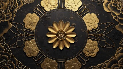 Fototapeta na wymiar Golden Japanese style circular pattern on black background