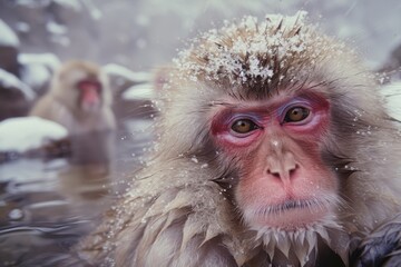 Japanese Snow monkey in a hot spring close up.