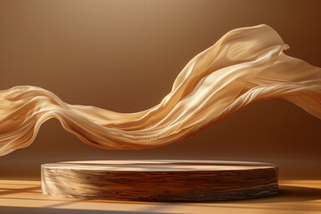 Wooden podium and satin fabric floating on brown background. Luxury product placement mockup with flying cloth. Premium fashion and beauty stage platform template