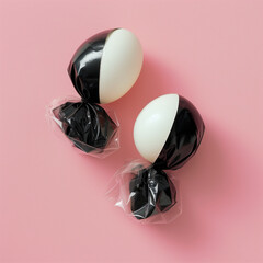 Elegantly wrapped Easter eggs.Minimal creative Easter food concept.Copy space,top view,flat lay.Generative AI