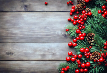 Happy Holidays Text with Holiday Evergreen Branches and Red Berries Over Rustic Wood Background stock photo