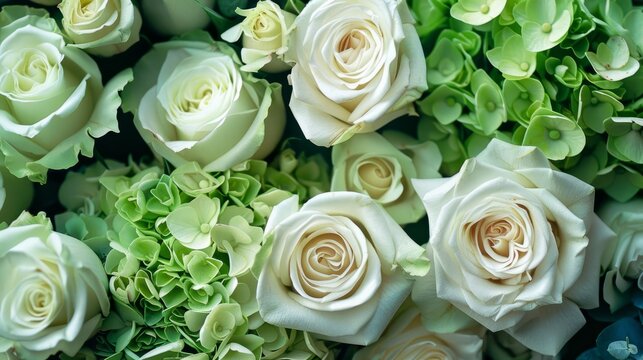 Gorgeous bouquet of white roses and green hydrangeas. Floral background. A romantic gift to your beloved people