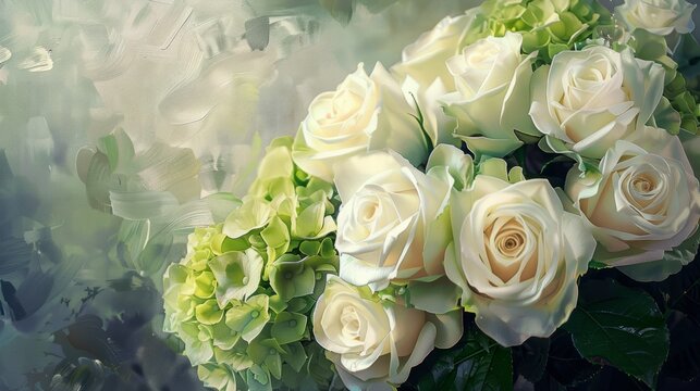 Gorgeous bouquet of white roses and green hydrangeas. Floral background. A romantic gift to your beloved people