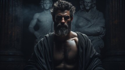 Obraz premium Mysterious ancient greek, roman male stoic statue, sculpture in dramatic lighting, shadows highlighting the impressive muscular build and classical beauty. 