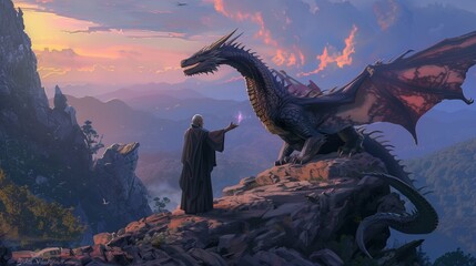 In a mystical landscape bathed in the soft glow of twilight, a wizard extends his hand towards his majestic dragon companion perched atop a rugged rock formation. 

 - obrazy, fototapety, plakaty