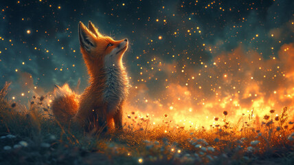 A little fox looking up at a star filled sky - obrazy, fototapety, plakaty