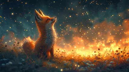 Fotobehang A little fox looking up at a star filled sky © amirhamzaaa