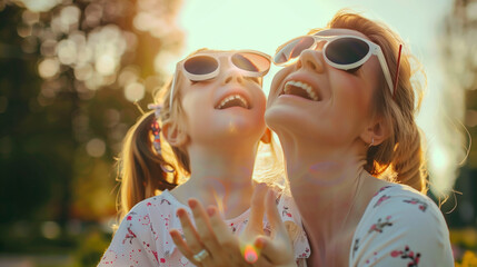 Cinematic, close up shot of happy laughing mother and daughter wearing sunglasses having fun in the park on sunny day, pastel colors, captured by Hassleblad X2D camera with wide angle lens, natural li - obrazy, fototapety, plakaty