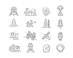 Space Exploration Icon collection containing 16 editable stroke icons. Perfect for logos, stats and infographics. Edit the thickness of the line in Adobe Illustrator (or any vector capable app).