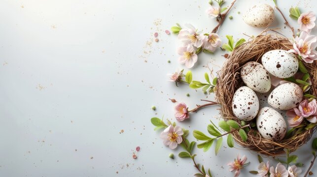 Happy Easter background with eggs in nest, spring flowers and copy space. Flat lay. Greeting card