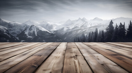 Empty wooden table in front of snow landscape background