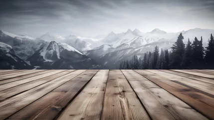 Zelfklevend Fotobehang Empty wooden table in front of snow landscape background © Oleksandr