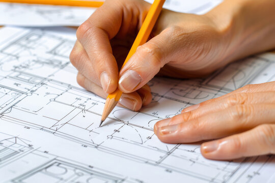 close-up photo of engineer pairs of hands with pencil drawing technical plan, design or project