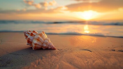 One seashell shell lies on the sandy shore of the sea or ocean at sunset of the day
