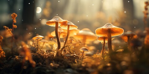 a group of mushrooms growing in the forest - Powered by Adobe
