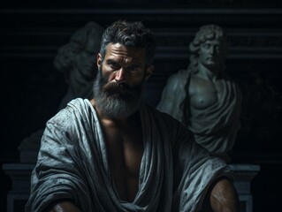 Fototapeta premium Mysterious ancient greek, roman male stoic statue, sculpture in dramatic lighting, shadows highlighting the impressive muscular build and classical beauty. 
