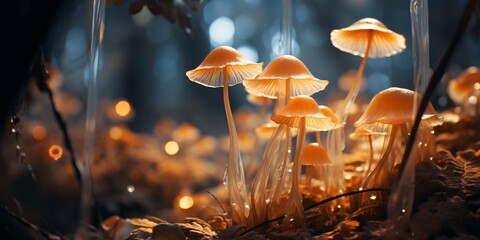 a group of mushrooms growing in the forest - obrazy, fototapety, plakaty