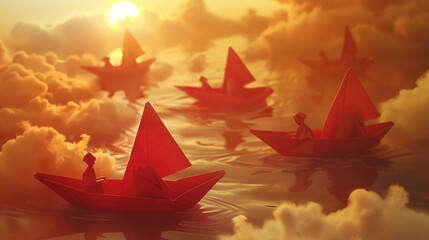 Against a backdrop of billowing clouds, a group of men sail on origami red paper boats, their vessels gracefully gliding through the serene sky. 

 - obrazy, fototapety, plakaty