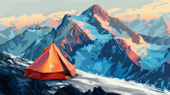 Orange tent on high mountain