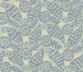 Hand drawn seamless pattern with beautiful flowers, berries and leaves. Vector illustration, naive art retro style.