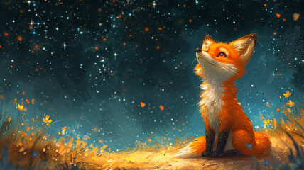 A little fox looking up at a star filled sky - obrazy, fototapety, plakaty
