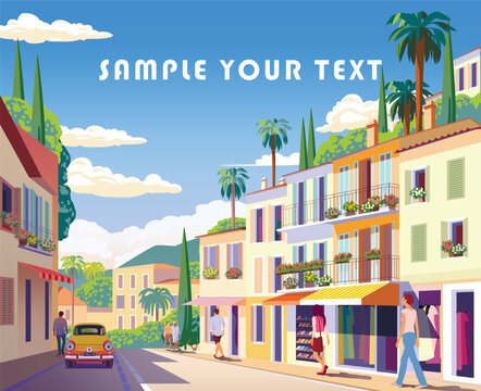 Street scene with people, shops, cars, traditional houses, palms, trees and flowers. Handmade drawing vector illustration. Can be used by books, brochures, posters etc.