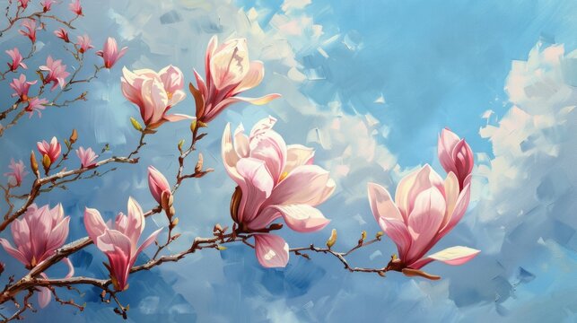 Panoramic oil painting of branch of magnolia tree with pink flowers on blue sky background