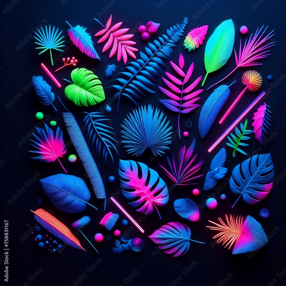 Fototapete abstract colorful background, creative fluorescent color layout made of tropical leaves. flat-lay ne