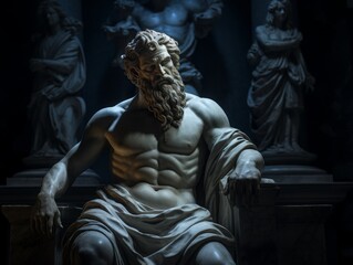 Obraz premium Mysterious ancient greek, roman male stoic statue, sculpture in dramatic lighting, shadows highlighting the impressive muscular build and classical beauty. 