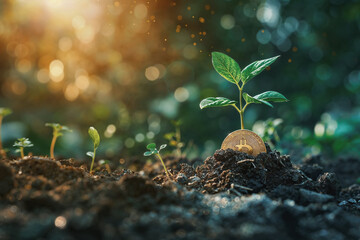 A small sprout plant is growing on a coin in the dirt with. Crypto currency and business growth and revenue concept. - obrazy, fototapety, plakaty