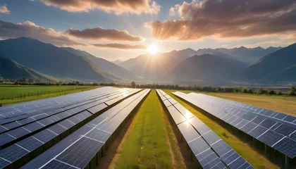 Fotobehang solar power station, Solar energy farm with rows of photovoltaic panels against a backdrop of mountains and sunset with clouds, highlighting renewable energy and sustainability generative ai © cd