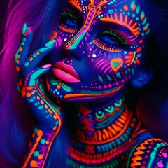 Portrait of woman with ethnic pattern, neon makeup in ultraviolet light. Body Art design of female posing in UV, painted face and hand, colorful makeup created with generative ai