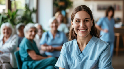 A nurse woman caregiver in a medical gown stands in a nursing home against the backdrop of a group of elderly people