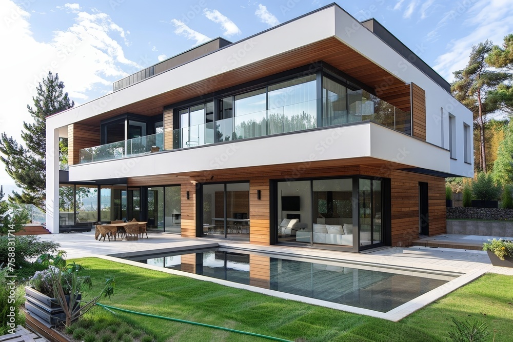 Poster a modern house stands elegantly with a sparkling pool in front, inviting relaxation and luxury again