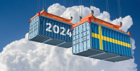 Trading 2024. Freight container with Sweden national flag. 3D Rendering  - 758831711