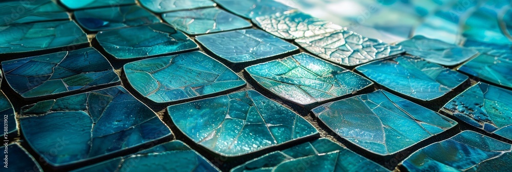 Aufkleber detailed close-up of a vibrant mosaic tile, showcasing intricate patterns and colors merging togethe